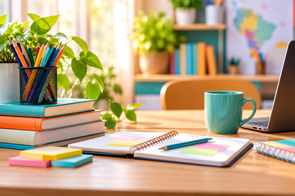 Mesa de professor com computador, livros, materiais criativos e caderno de planejamento em ambiente educativo
