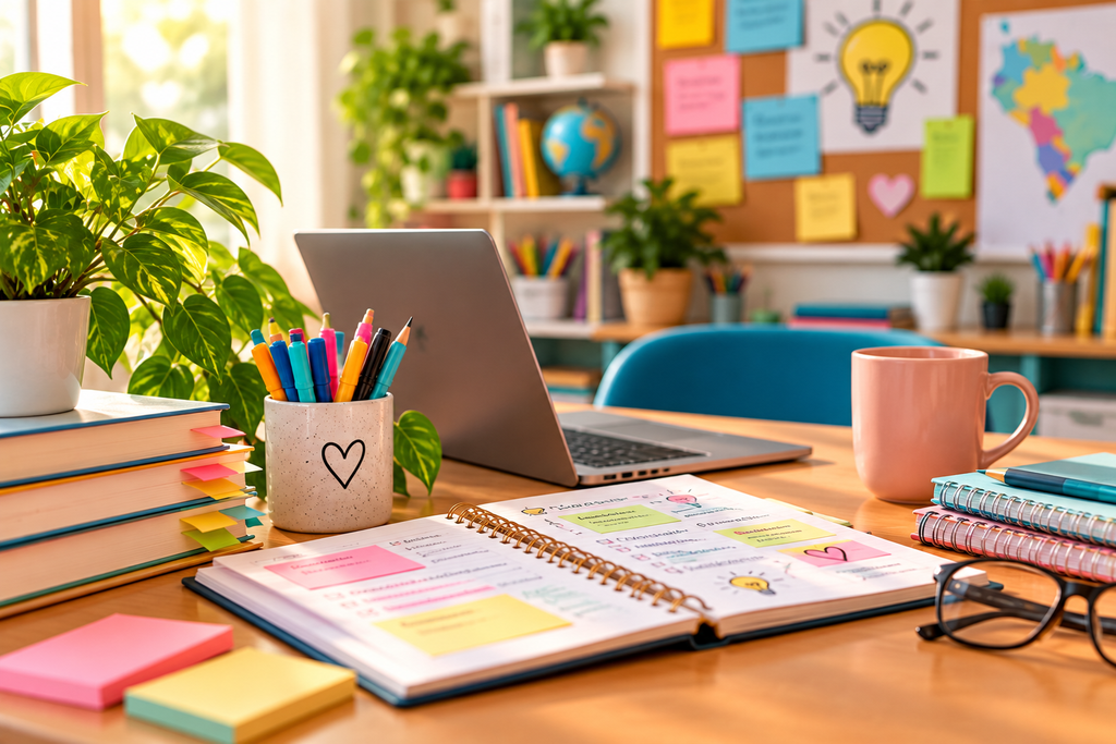 Mesa de professor com computador, livros, materiais criativos e caderno de planejamento em ambiente educativo