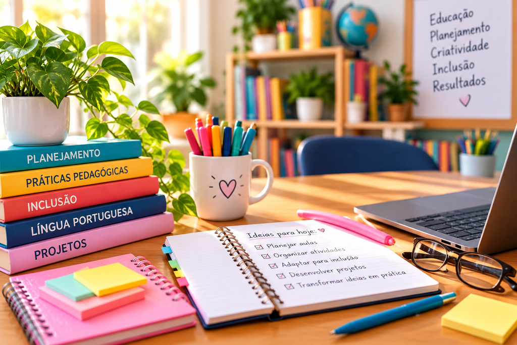 Mesa de trabalho de professor com livros sobre planejamento, inclusão, língua portuguesa e projetos