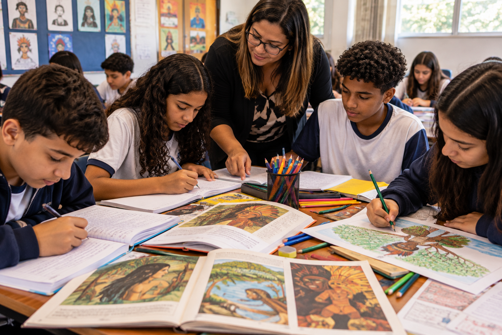Estudantes trabalhando em conjunto na produção de textos e ilustrações sobre mitos e lendas