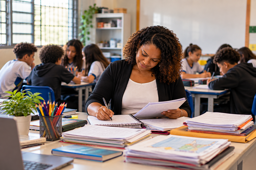 Professora analisando produções dos estudantes e avaliando a aprendizagem em sala de aula