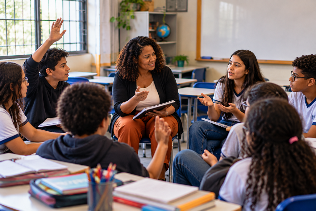 Professora mediando uma roda de conversa com estudantes que participam ativamente de um debate em sala de aula